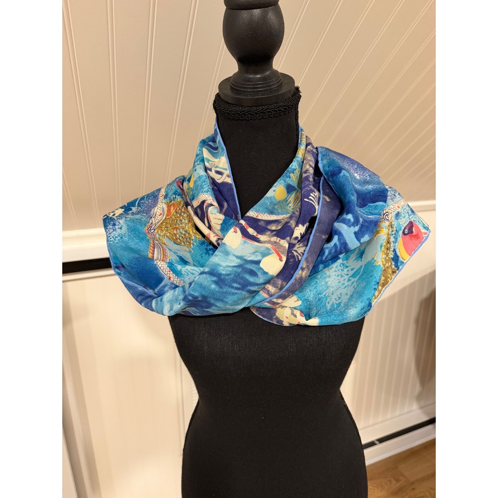 Vintage 100% Silk Rectangular Scarf Blue Nautical Ocean Tropical Resort Coral